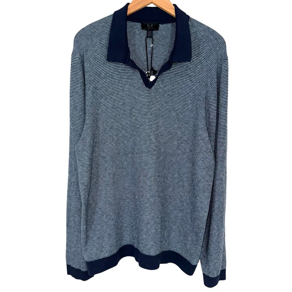 NWT Magaschoni Men's Long Sleeve Cotton Wool Navy Blue Knit Polo Sweater Size L